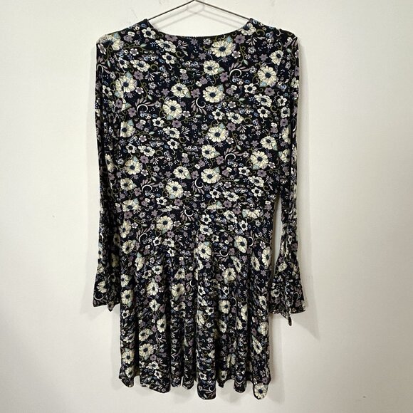 AEO SOFT & SEXY Dress S Floral Knit Navy Fit & Flare Bell LS Keyhole Flowy Cut - Picture 2 of 12